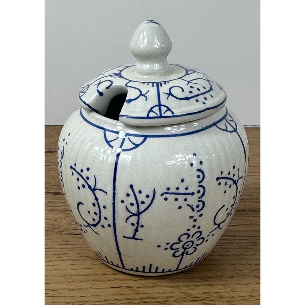 Boch Belgium Copenhague Jam Pot Blue White Vintage Ceramic Lidded Jar
